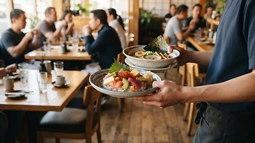 明るい店内で料理を運ぶ手元
