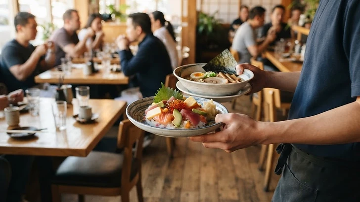 明るい店内で料理を運ぶ手元