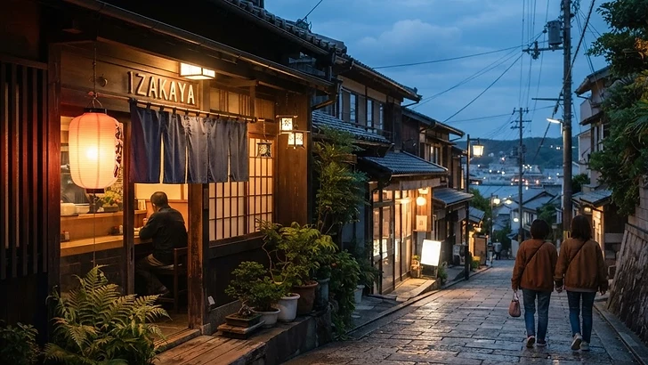夕暮れの坂道に灯る飲食店の入口