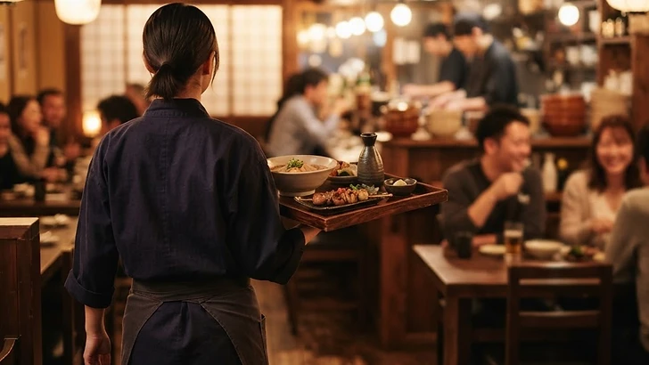 和食店の店内で料理を運ぶスタッフの後ろ姿