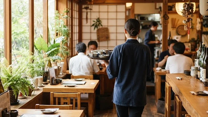 明るい店内で料理を運ぶスタッフの後ろ姿