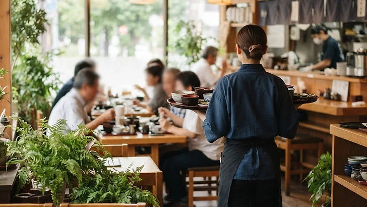 明るい店内でお盆を運ぶスタッフの後ろ姿