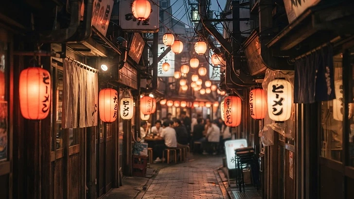 夕暮れの横丁に並ぶ居酒屋の提灯