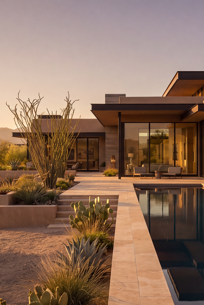 Modern desert home at golden hour with a linear reflecting pool along the terrace