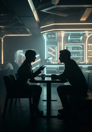 Silhouettes talking in a neon lounge