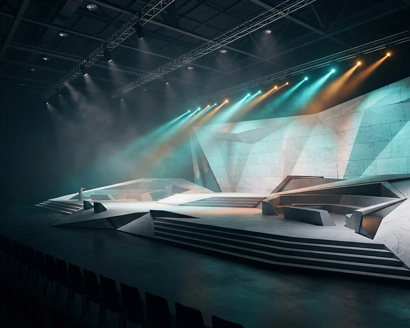 Futuristic conference stage lit by azure and amber beams