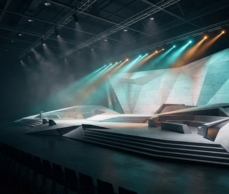 Futuristic conference stage lit by azure and amber beams