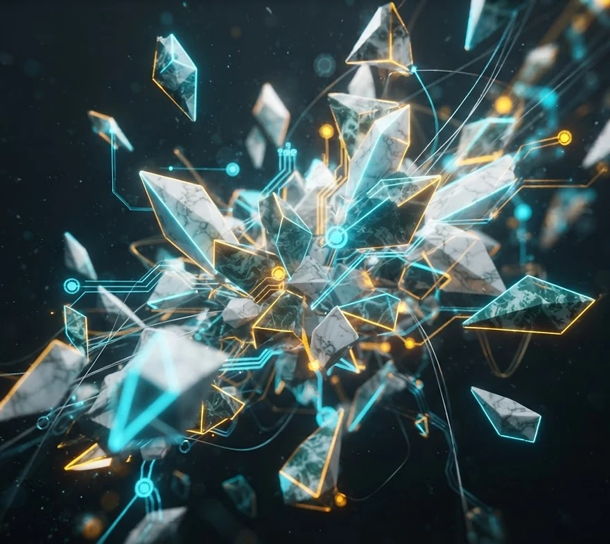 Floating crystalline shards lit in azure and amber