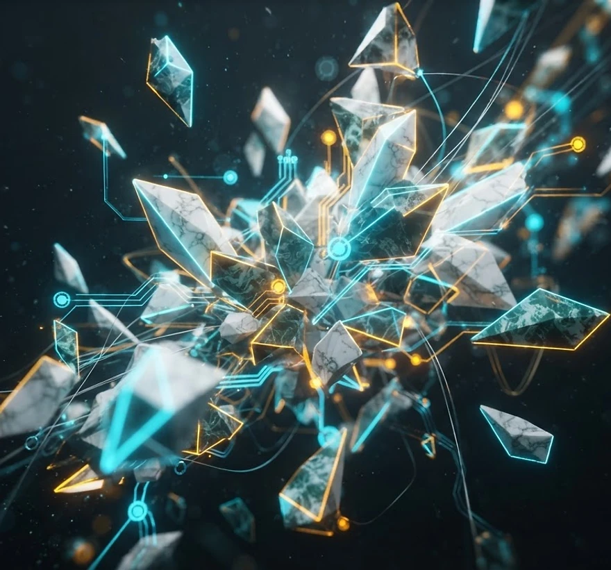 Floating crystalline shards lit in azure and amber