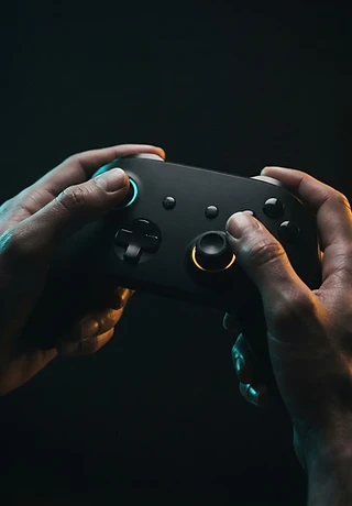 Hands holding a minimalist game controller