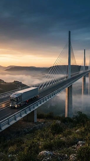 Camion su un viadotto al tramonto