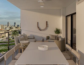 מרפסת מעוצבת המשקיפה אל העיר — עיצוב פנים בהוד השרון