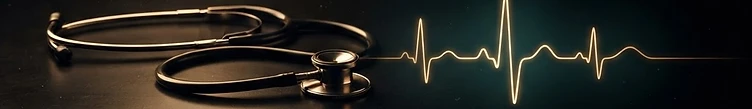 A stethoscope beside a glowing heartbeat line