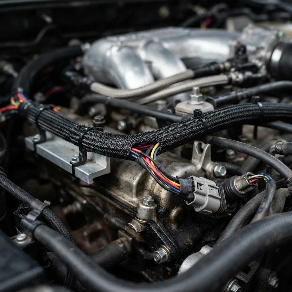 Faisceau électrique automobile protégé par une tresse polyester PET tressée noire dans un compartiment moteur