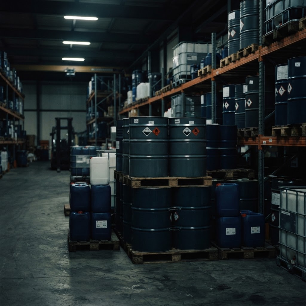 Fûts et conteneurs de produits chimiques industriels alignés dans un entrepôt professionnel