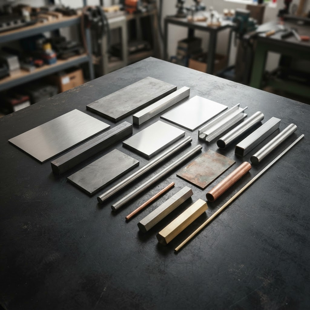 Échantillons de métaux et alliages industriels, tôles barres et tubes en acier, inox, aluminium et laiton sur une surface sombre