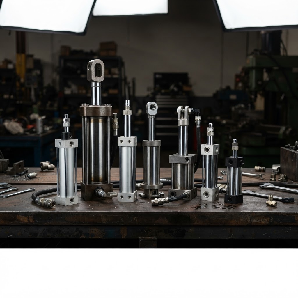 Vérins hydrauliques et pneumatiques à tige chromée disposés sur un établi sombre