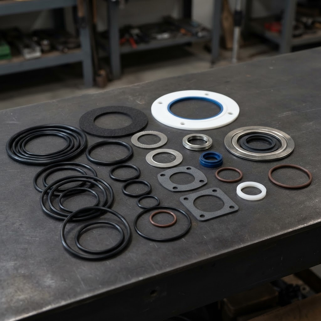 Joints industriels et O-rings en différentes matières disposés sur une surface sombre
