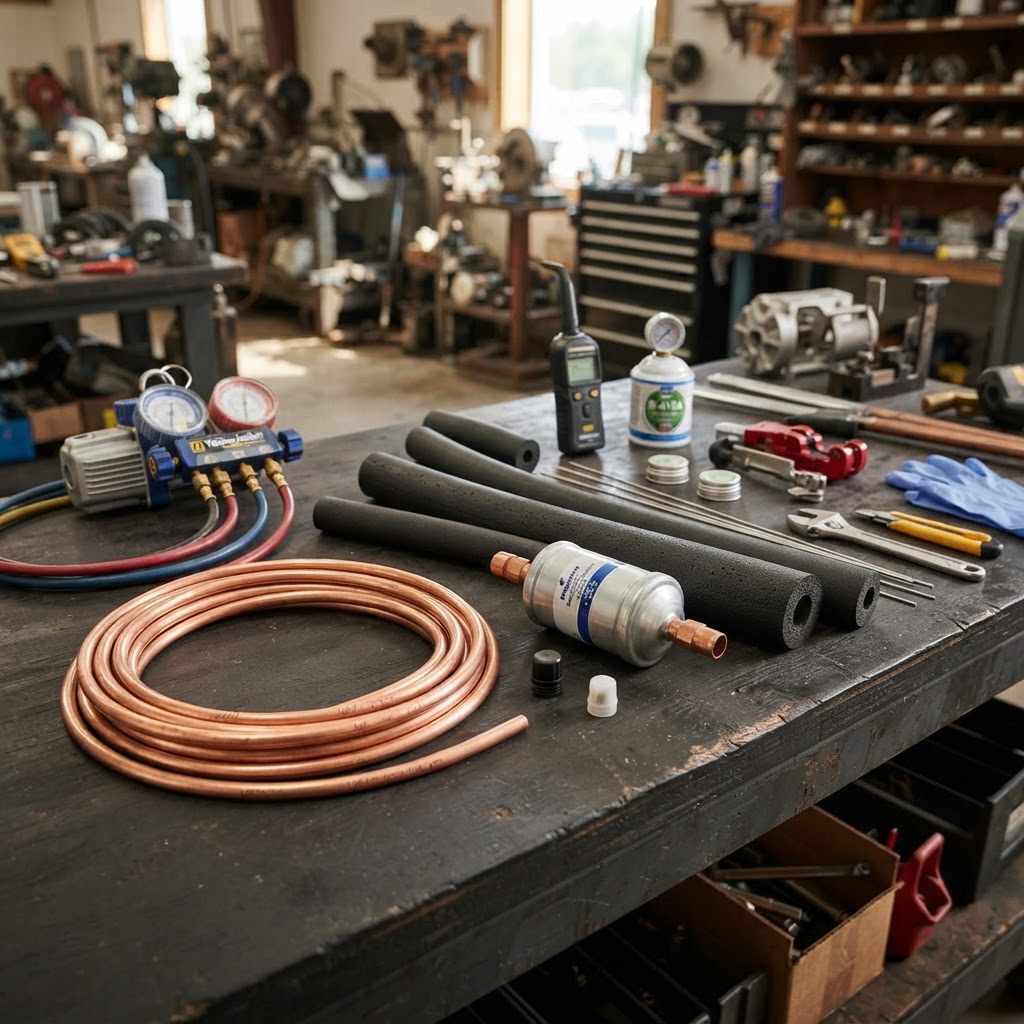Composants de maintenance frigorifique disposés sur un établi : tubes cuivre, isolation et filtre
