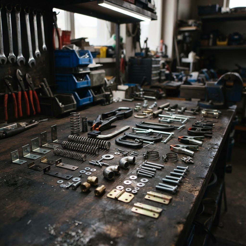 Colliers, ressorts, supports et accessoires de quincaillerie industrielle disposés sur un établi sombre