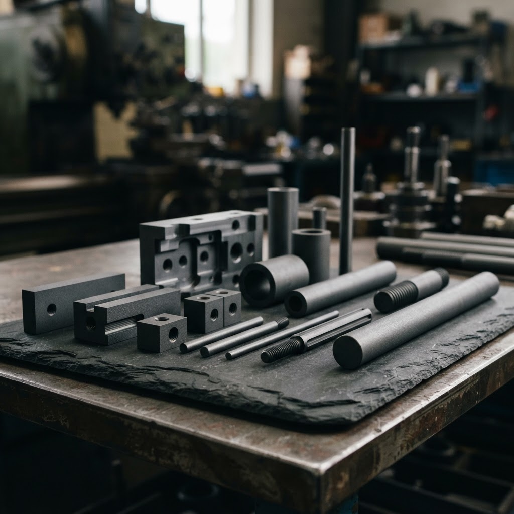 Blocs, barres et tubes de graphite industriel disposés sur une surface sombre