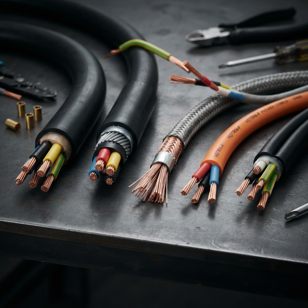 Câbles électriques industriels de puissance et de contrôle avec conducteurs cuivre disposés sur une surface sombre