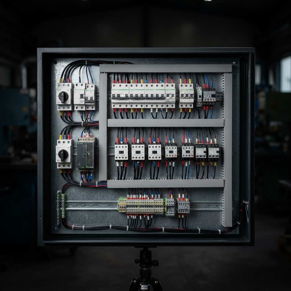 Disjoncteurs et contacteurs industriels disposés dans un tableau électrique sur fond sombre