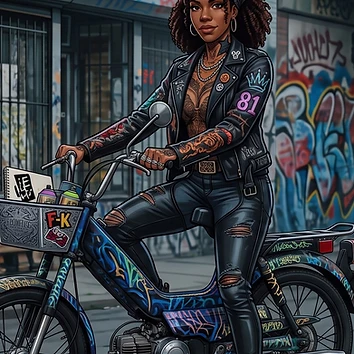 Rider on a graffiti-covered moped on an urban street