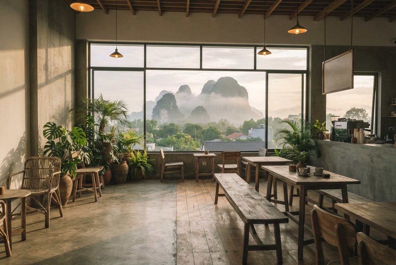 Xen Cafe interior at dawn