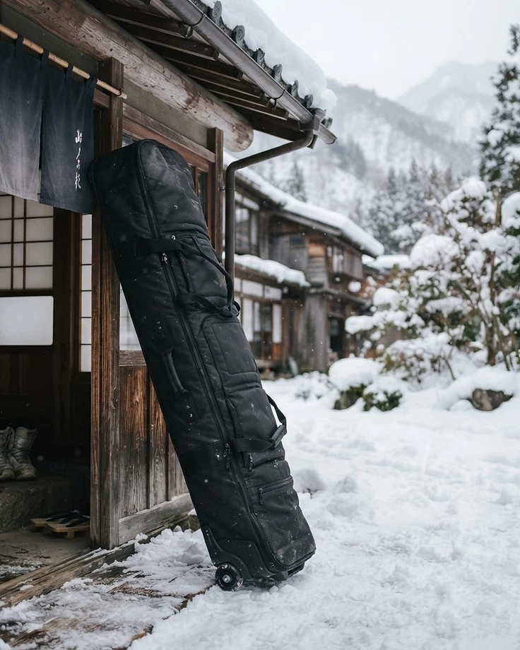 Snowboard travel bag at a snowy Japanese lodge entrance
