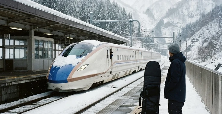 Bullet train at a snowy mountain station with a snowboard bag