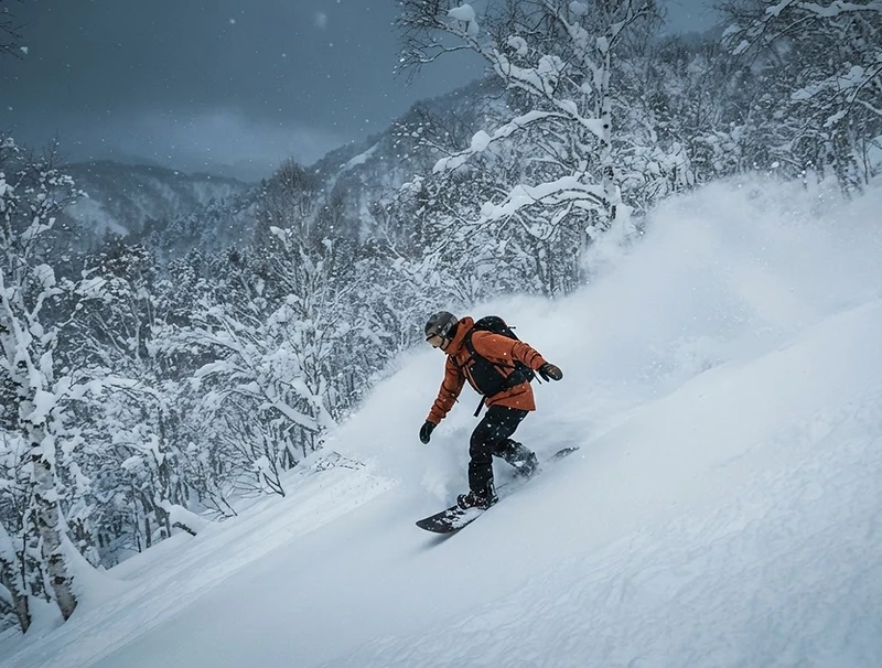 Snowboarder carving deep powder through birch trees in Hokkaido