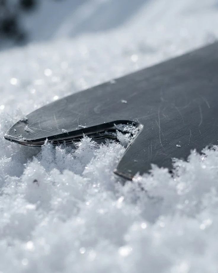 Powder snowboard tail sinking into dry snow