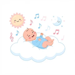Bebê sorrindo sobre uma nuvem entre o sol e a lua
