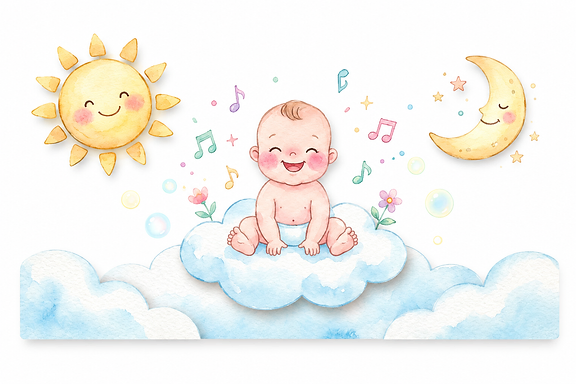 Bebê sorrindo sobre uma nuvem entre o sol e a lua