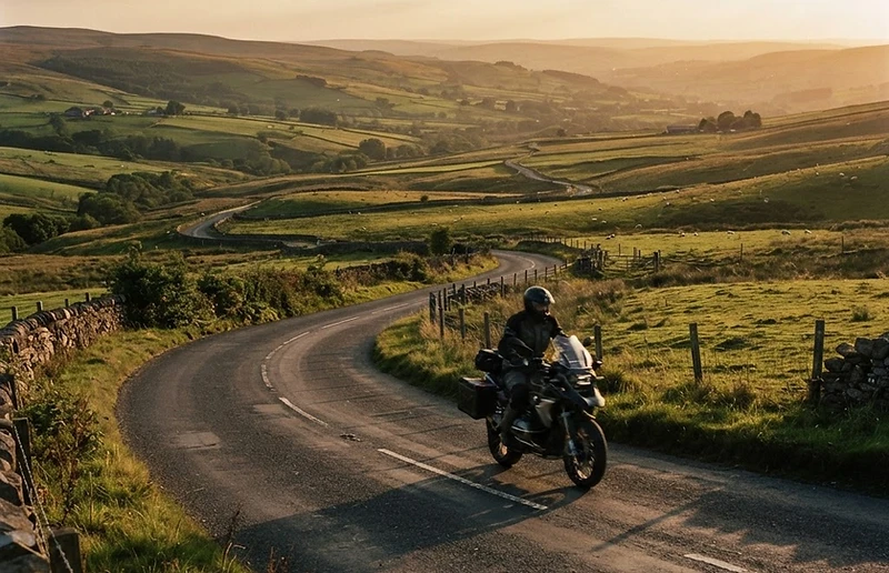Motorcyclist on a winding country road at golden hour