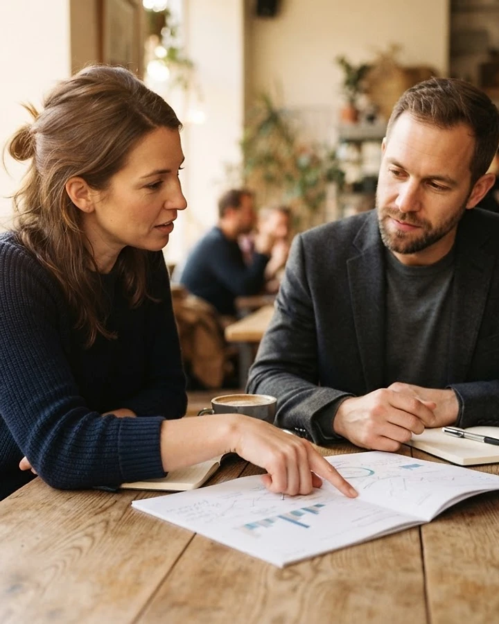 Two people in a focused consulting conversation over a document