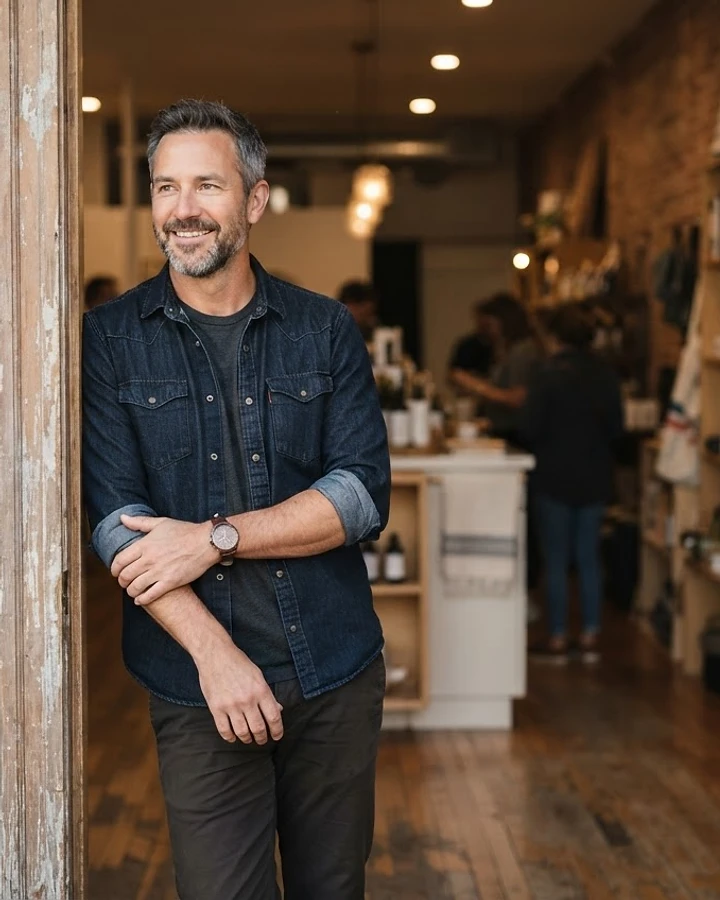 A small business owner standing confidently in his shop