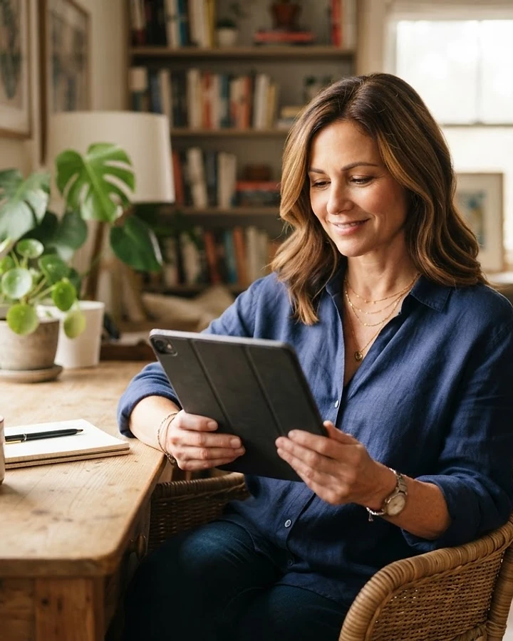 A person calmly using a tablet in a naturally lit home office