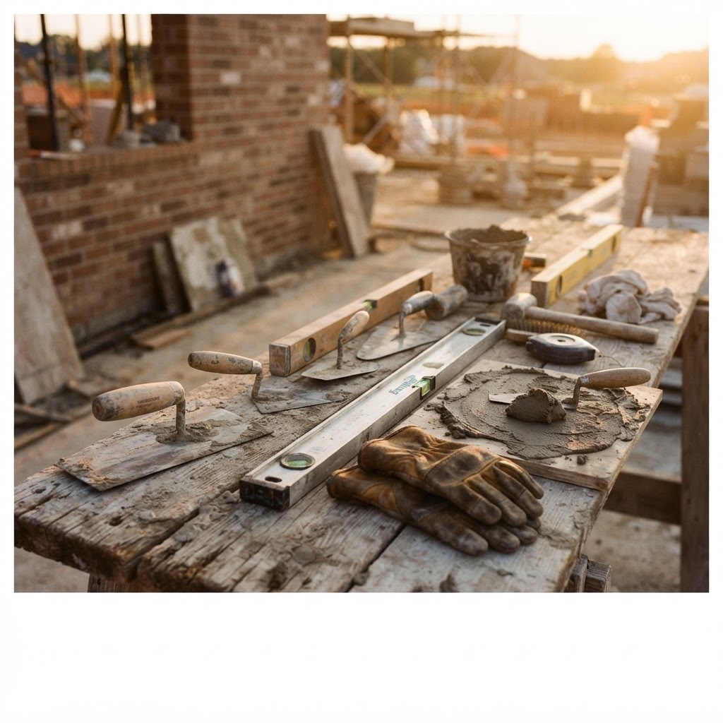 R&J Masonry crew tools — trowels, levels, and mortar boards