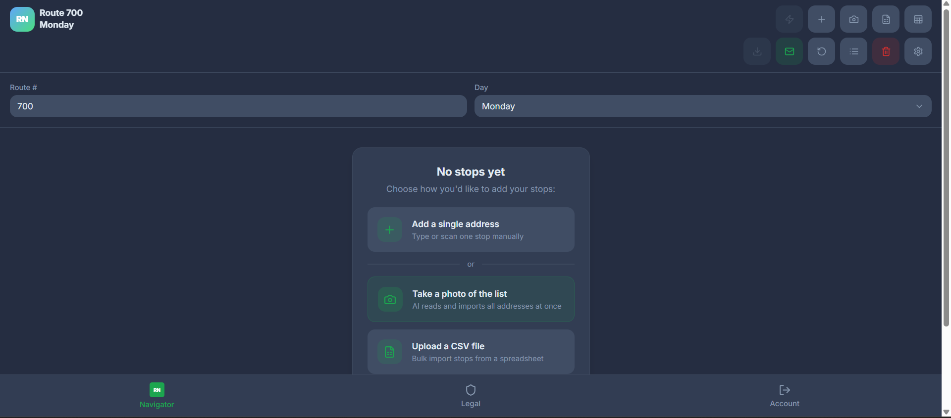 The No stops yet card with the new Import from Google Sheets option.