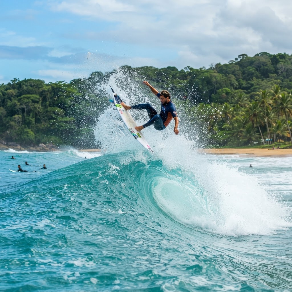 Surfista executa manobra aérea em onda perfeita