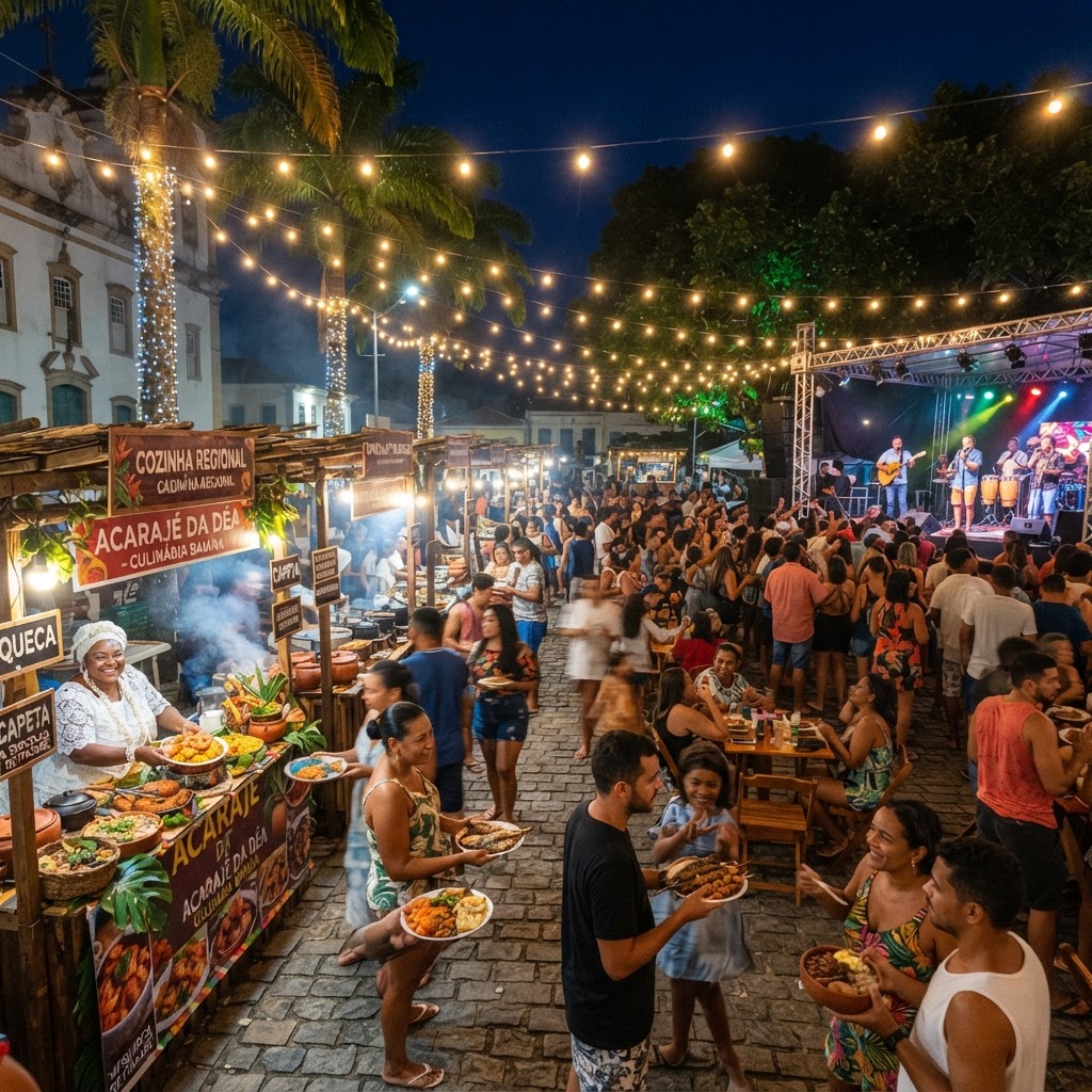 Festival noturno com barracas de comida e luzes na praça