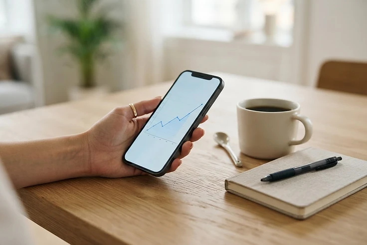 A hand holding a phone showing a progress graph beside a coffee