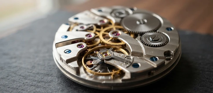 Macro view of a precision mechanical watch movement