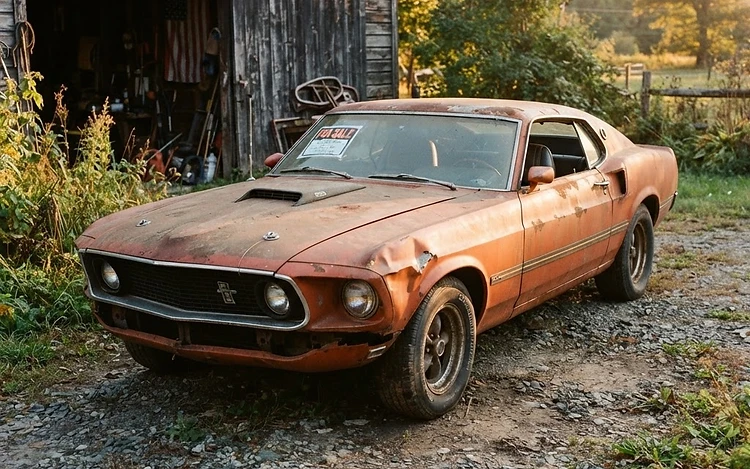 A classic muscle car project parked on a driveway