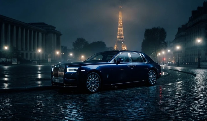 Rolls-Royce at Place du Trocadéro with the Eiffel Tower at night
