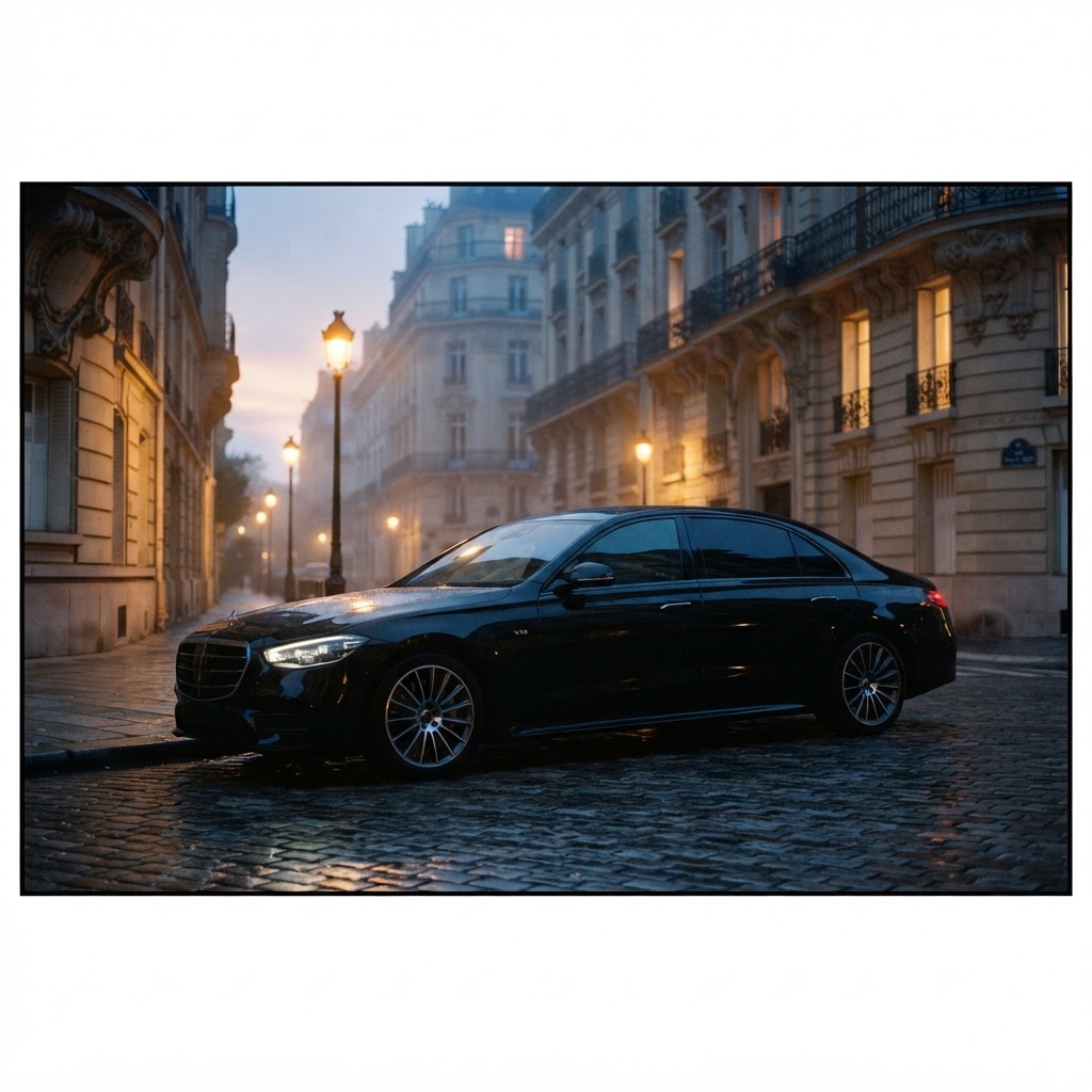 Luxury chauffeur sedan on a Parisian boulevard at blue hour