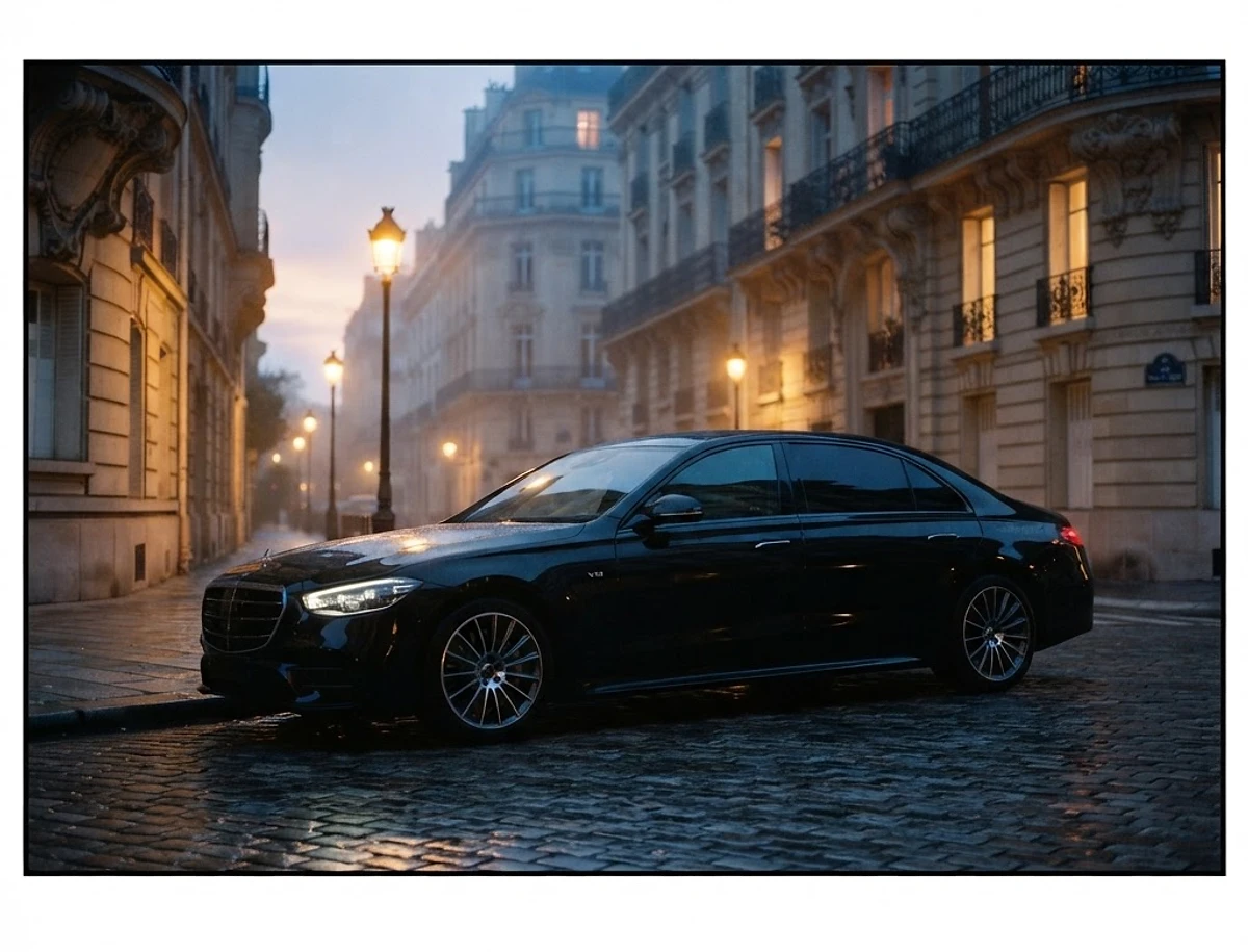 Luxury chauffeur sedan on a Parisian boulevard at blue hour