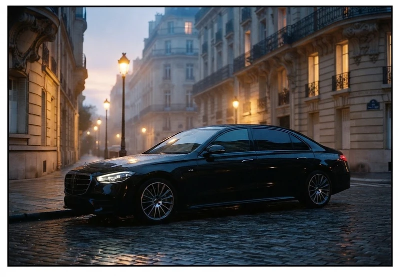 Luxury chauffeur sedan on a Parisian boulevard at blue hour